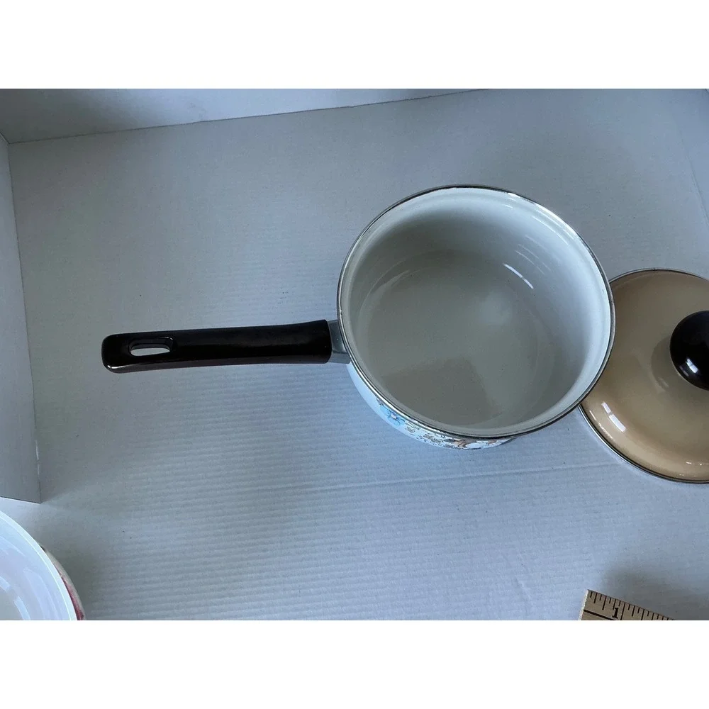 Vintage Enamelware Saucepan Floral‎ Pot with Lid Blue Brown White 1.5qt